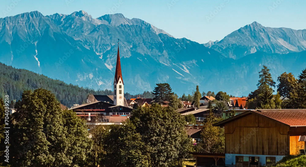 Alpine summer view with a church near Mieders, Stubaital valley, Innsbruck, Tyrol, Austria