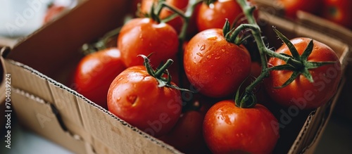 Macro close-up top-view of red tomatoes in a cardboard container on a white table. photo