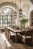 Rustic wooden dining table with wicker chairs and natural light