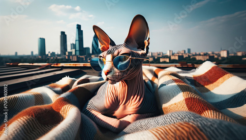 A Sphynx cat sunbathing on a rooftop with a blanket and sunglasses, showcasing the city skyline.