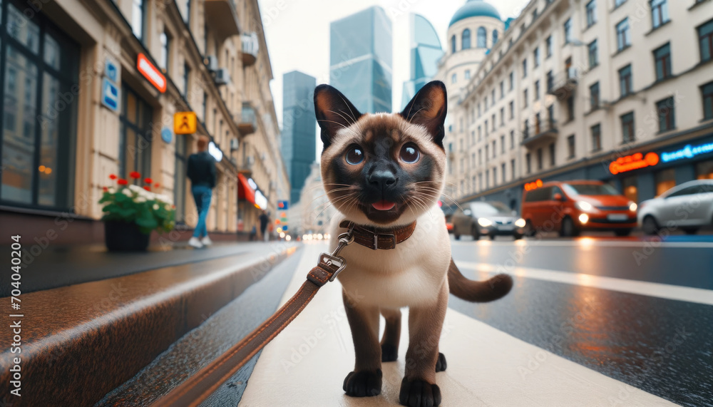 A Siamese cat exploring a city street, with a leash and collar, set against buildings and a sidewalk. - obrazy, fototapety, plakaty 
