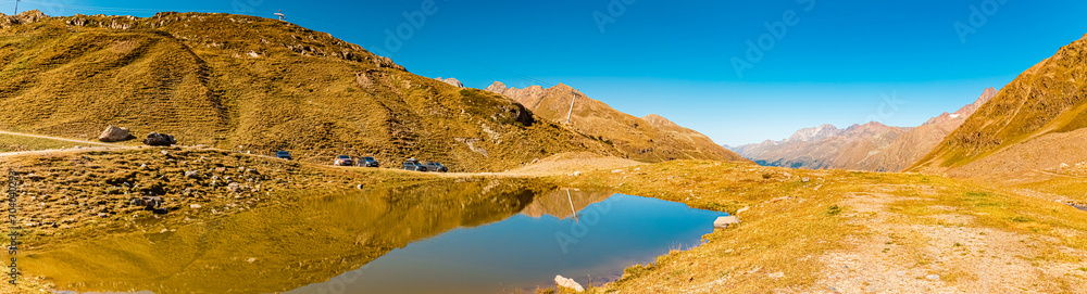 High resolution stitched alpine summer panorama with reflections at Lake Weisssee, Kaunertal Glacier Road, Landeck, Tyrol, Austria