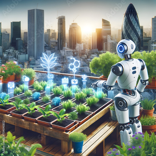 Robot in Lush Rooftop Garden