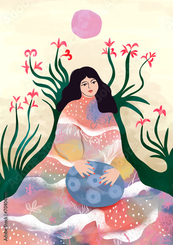 Woman playing a hang drum in the nature, hand drawn illustration photo