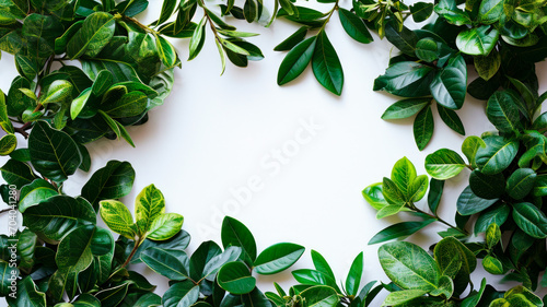 greenery and leaves in the form of a frame on a light background with space for text