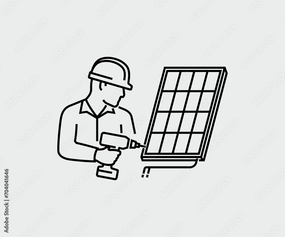 Worker Electrician Installing Solar Cell Panel Vector Line Icon