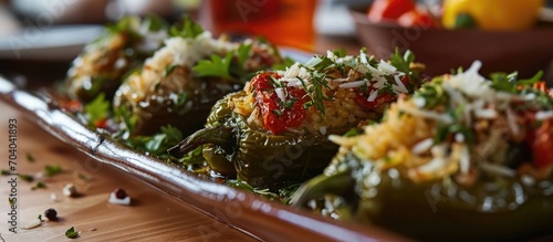 Turkish dish called biber dolmasi: peppers filled with rice, dried tomatoes, herbs, and cheese. photo