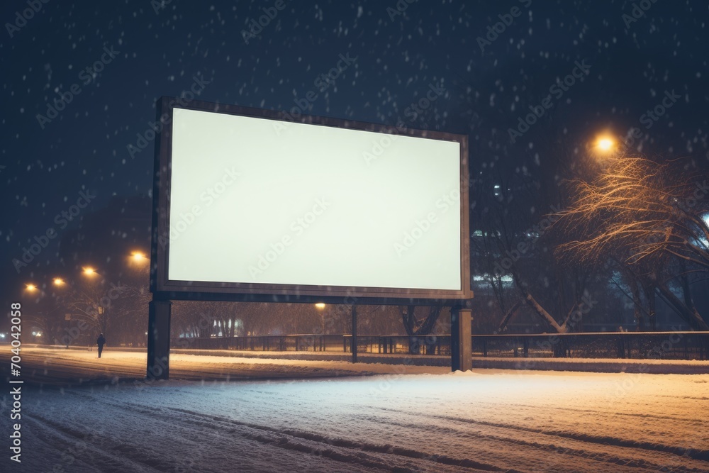 blank billboard stands as a silent sentinel amidst a gently falling snow - obrazy, fototapety, plakaty 