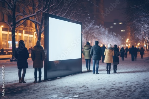 Onlookers passing around a brightly lit billboard on a snowy urban sidewalk, their attention drawn to the blank screen against the evening winter