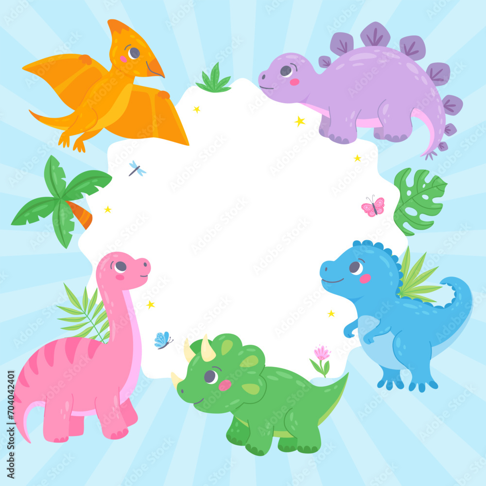 Naklejka premium Cute little dinosaurs with a frame. Childish characters in hand-drawn cartoon style. Funny colorful dino with palm tree, tropical leaves, flower, stars. Template for text or photo. Vector illustration