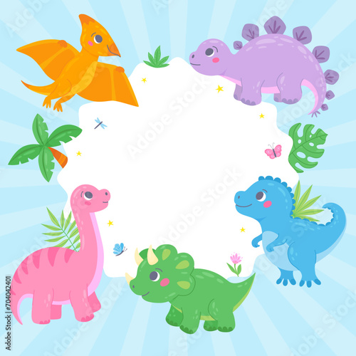 Cute little dinosaurs with a frame. Childish characters in hand-drawn cartoon style. Funny colorful dino with palm tree, tropical leaves, flower, stars. Template for text or photo. Vector illustration © Katerina