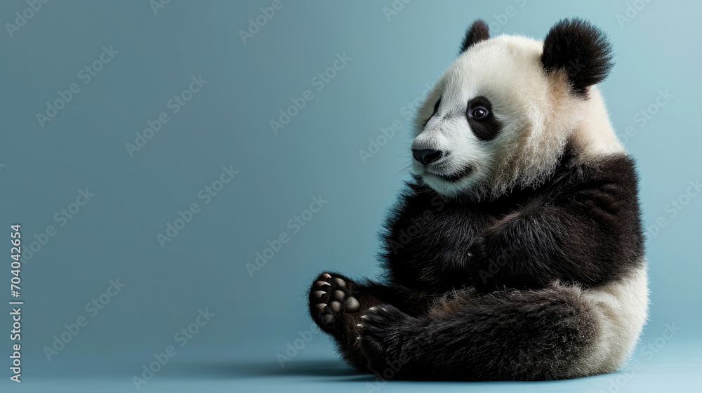 Obraz premium A funny panda sits on a blue background with space for your text