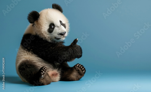 A funny panda sits on a blue background with space for your text