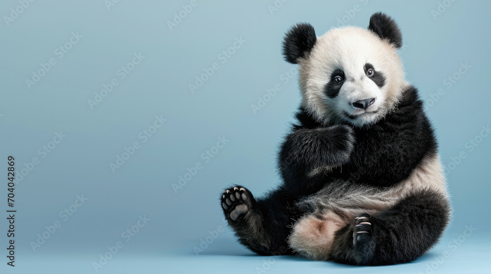 Fototapeta premium A funny panda sits on a blue background with space for your text