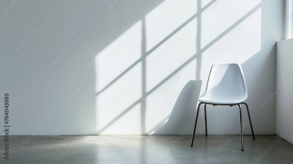 a white chair sitting in an empty room next to a white wall a white chair sitting in an empty room next to a white wall