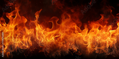 Fire on black background, Fire Flame Isolate On Black Background. Burn Flames, Abstract Texture, Hot Fire blaze burning glow flames dark background, generative AI

 photo