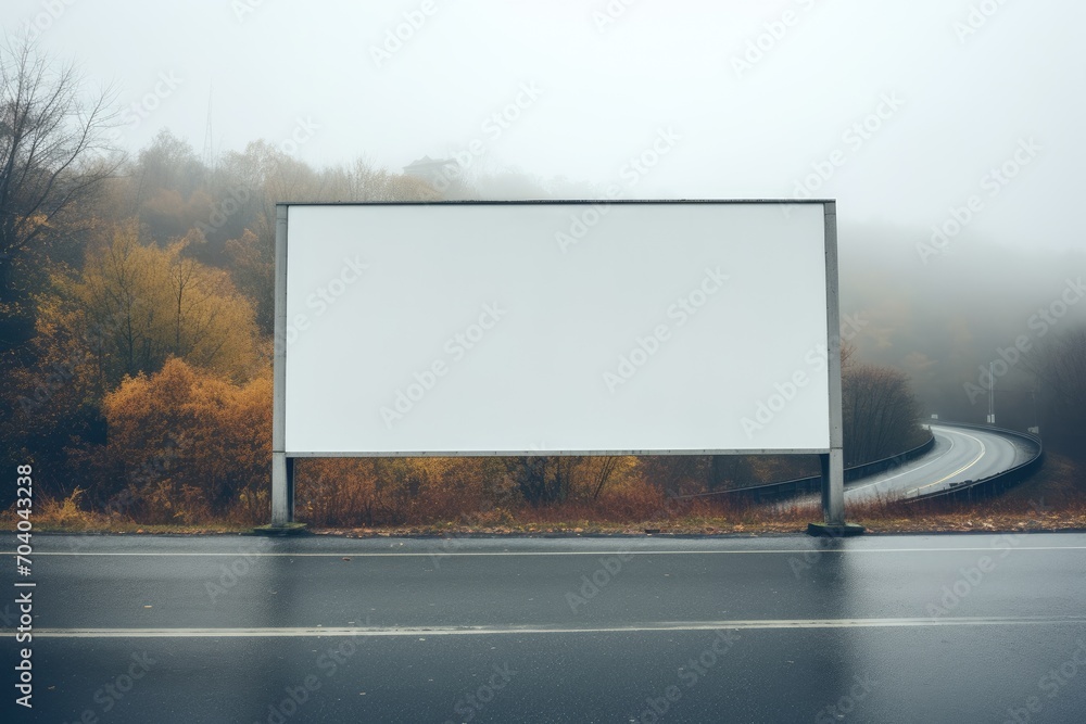 empty billboard stands before a backdrop of autumn colored trees on a hazy day empty billboard stands before a backdrop of autumn colored trees on a hazy day