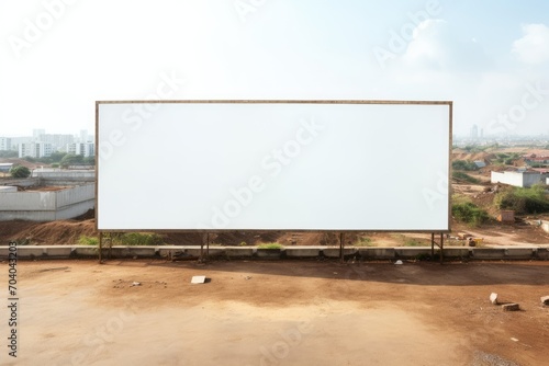 white billboard in construction zone, on desolate landscape and urban development in the background, under a clear sky