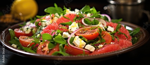 Selective closeup of salad featuring grapefruit, feta cheese, cherry tomatoes, and red basil.
