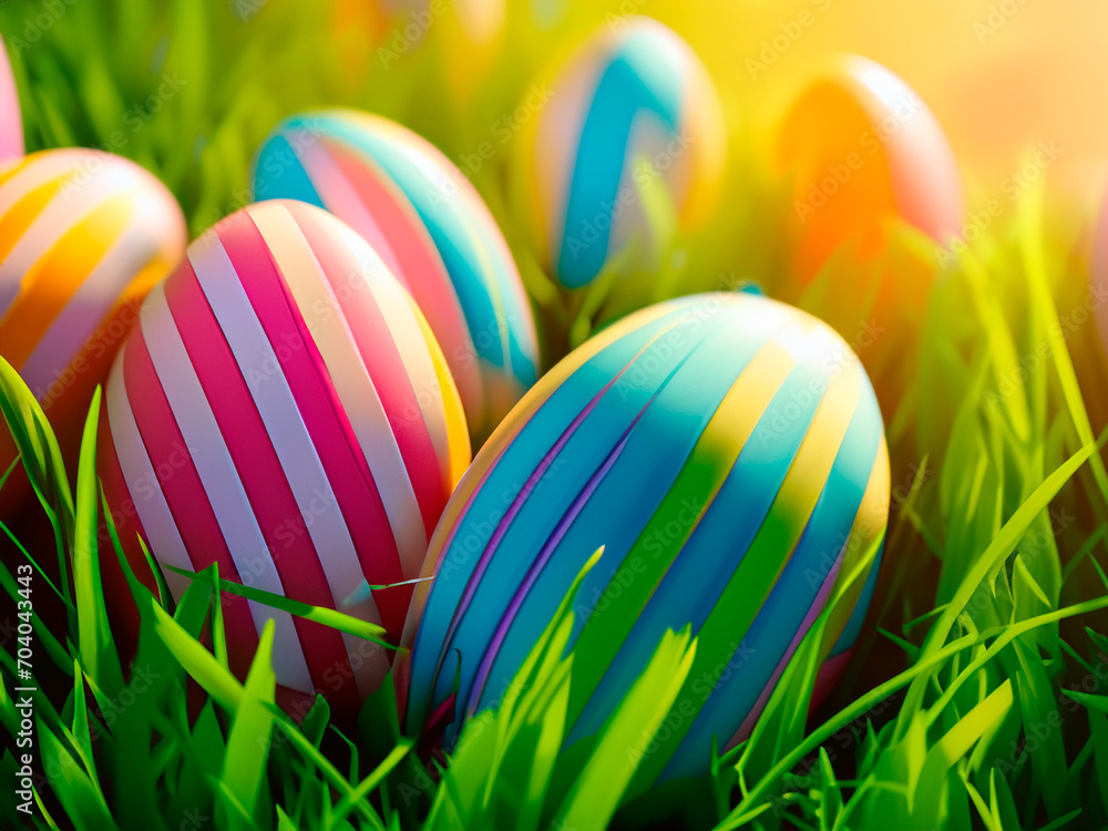Colourful easter eggs in a green grass.
