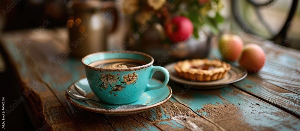 Turquoise cup with swan art holds hot coffee and tea, served with apple pecan pie and onion rings at a vintage cafe. Turquoise cup with swan art holds hot coffee and tea, served with apple pecan pie and onion rings at a vintage cafe.