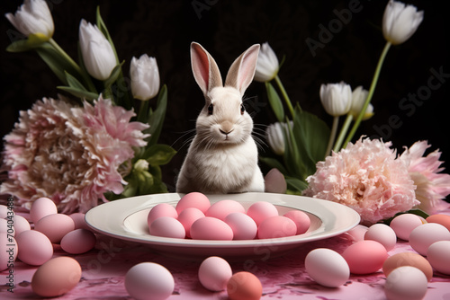 A white rabbit sits behind a plate of pastel pink and white eggs, surrounded by blooming tulips and hyacinths on a pink surface. Concept for Easter and spring celebrations.