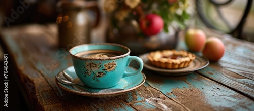 Turquoise cup with swan art holds hot coffee and tea  served with apple pecan pie and onion rings at a vintage cafe.