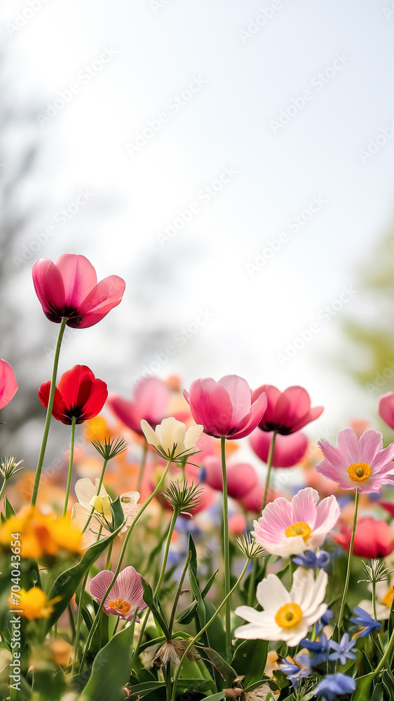 Naklejka premium Vertical background of beautiful flowers in a grass field with space for copy. Spring and summer concept, 9:16