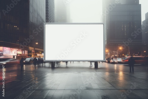 large blank billboard mockup in the city's hustle and bustle, providing a stark white space for advertising amidst the urban rush and glowing city lights