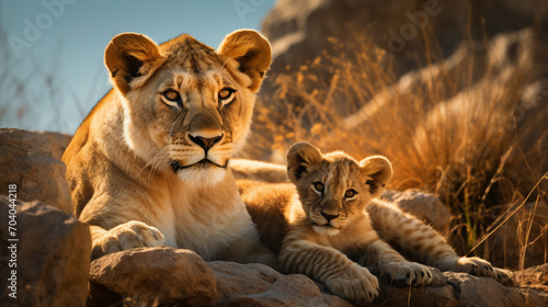 Fotografia Lioness with cub are resting on the rocks, AI Generative.