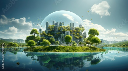 Environment health Glass dome with a city inside and green trees and plants renewable energy with a green landscape and a city in the background. 
