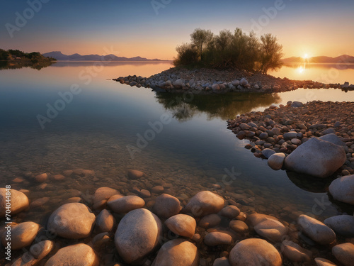 Stones lined up in a lake at sunset, well-being, harmony - generated by ai