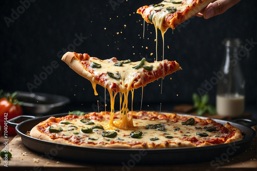 Slice of pizza being lifted from pizza pan with melted cheese side view