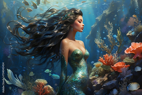 Mermaid in the Water with Coral Reef