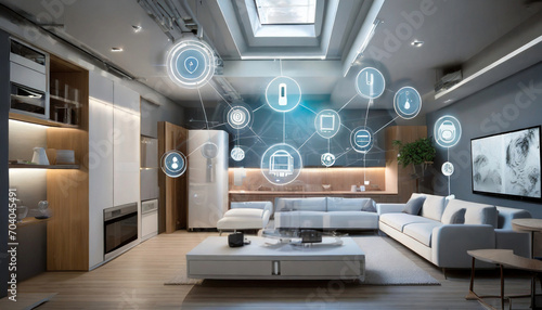 An image of a smart home, featuring various connected devices and appliances AI photo