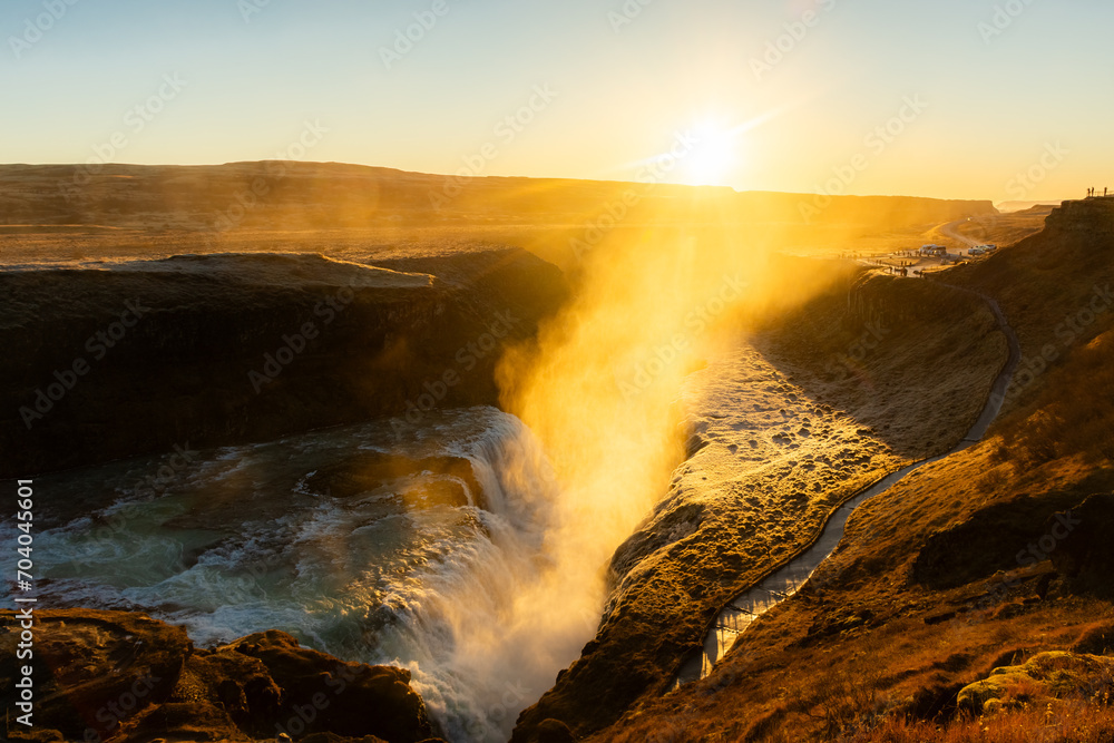 Sunset over the Gullfoss Waterfall in winter, Iceland