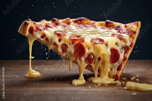 Slice of pizza being lifted from pizza pan with melted cheese side view