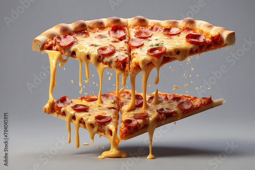 Slice of pizza being lifted from pizza pan with melted cheese side view