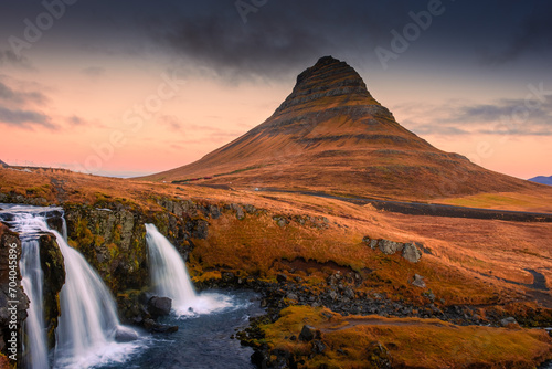Spectacular view of the waterfall in front of Kirkjufell at sunrise,  Iceland © Stefano Zaccaria