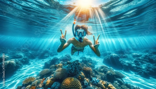 The image depicts a joyful man snorkeling underwater with vibrant sunlight filtering through.