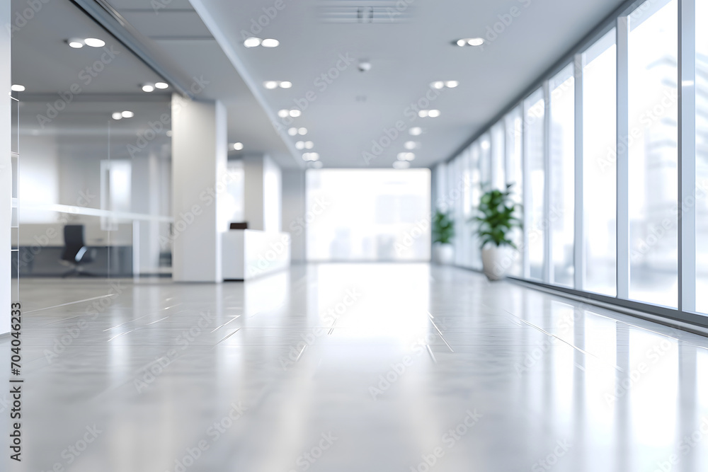 Blurred background of empty open space of white office room with furniture and tiled floor with high windows inside