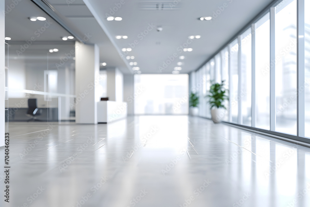 Blurred background of empty open space of white office room with furniture and tiled floor with high windows inside Blurred background of empty open space of white office room with furniture and tiled floor with high windows inside