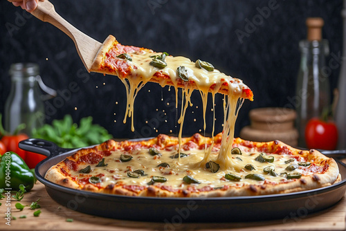 Slice of pizza being lifted from pizza pan with melted cheese side view