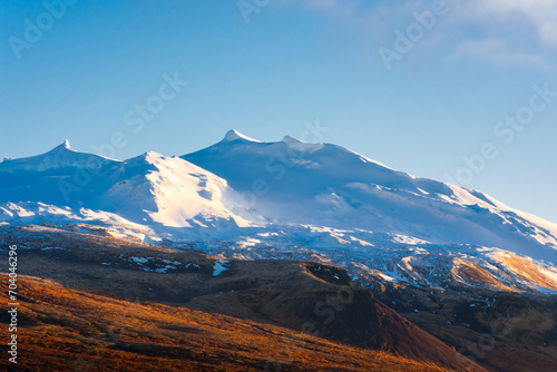 Amazing landscape of the Snaefellsjokull Mountain in winter at sunset, Iceland