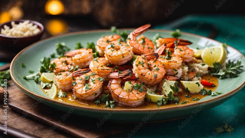 Delectable Grilled Shrimp Infused with Garlic and Parsley, Presented on an Elegant Ceramic Plate - Perfect for Culinary Creations. Delectable Grilled Shrimp Infused with Garlic and Parsley, Presented on an Elegant Ceramic Plate - Perfect for Culinary Creations.