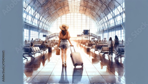 The image is a watercolor painting of a woman at an airport, walking with her luggage towards the gate.