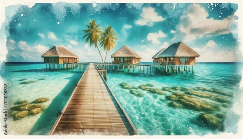 The image shows an idyllic watercolor of overwater bungalows and a wooden pier.
