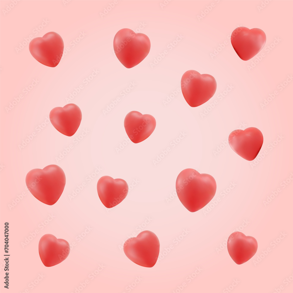 Pink background with 3d hearts icons. Valentines day. Vector illustration in 3d style.