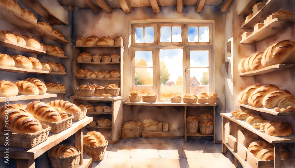 Watercolor painting of a bakery shop with a ton of bread