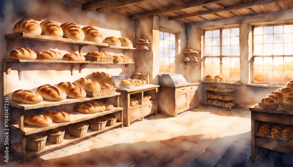 Watercolor painting of a bakery shop with a ton of bread